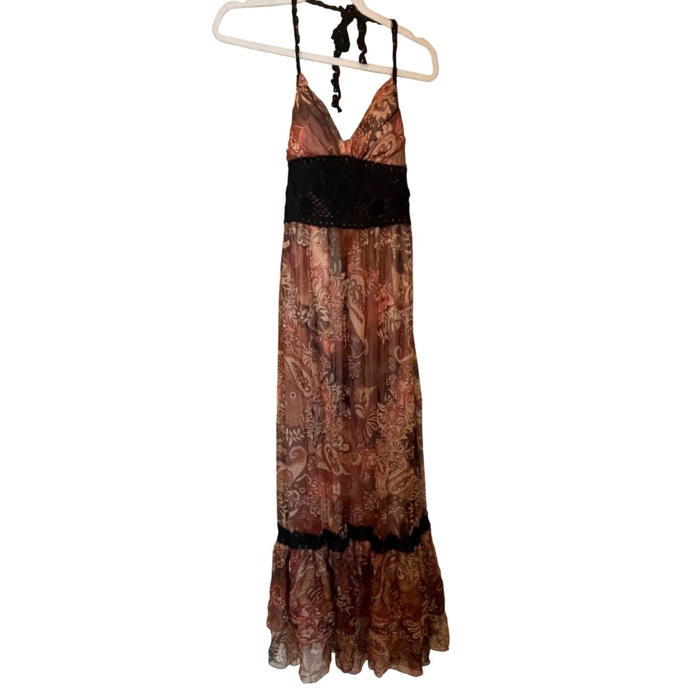 Sue Wong 100% Silk Romantic Whimsigoth Halter Maxi Dress Size 6 Lace Accents - Picture 2 of 9